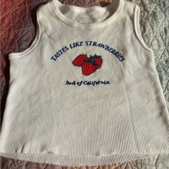 White and Red Ribbed Tank Top with Strawberry Design - Picture 1 of 1